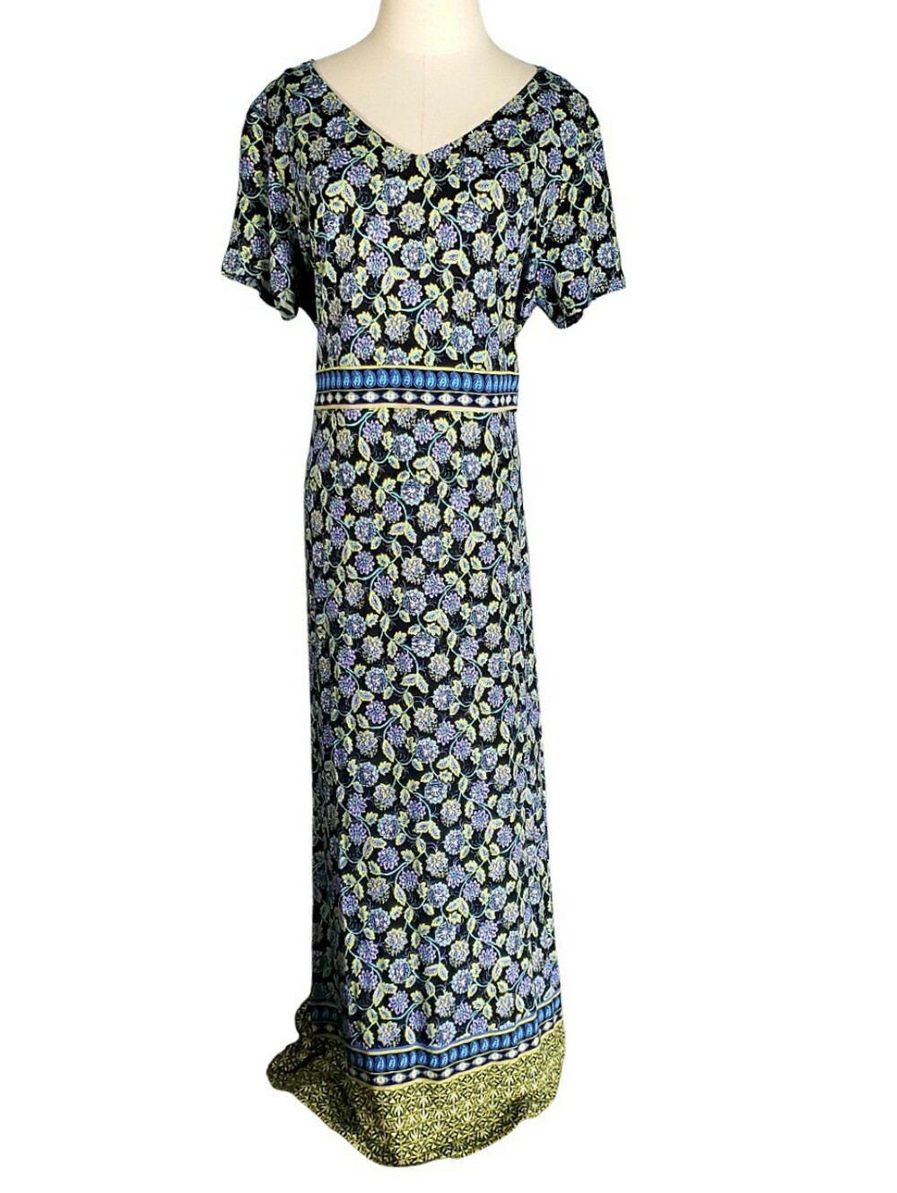 J Jill Stylized Floral Jersey Knit V-Neck Maxi Dress Blue Green Travel Summer L